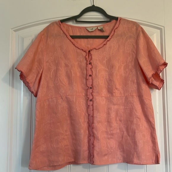 J. Jill Popover Top XL  Linen Ruffle Trim Floral Embossed - Picture 1 of 5